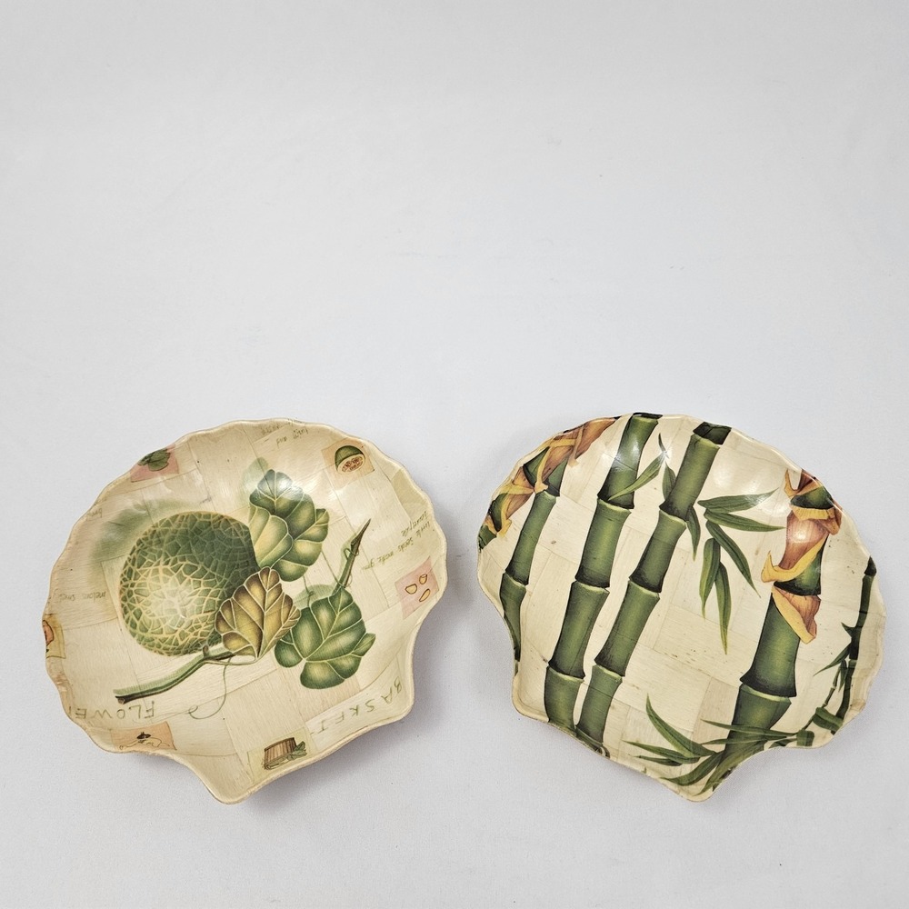 Vintage Bamboo Parquet Snack Plates Seashell Shaped Set Boho Mid-Century Modern